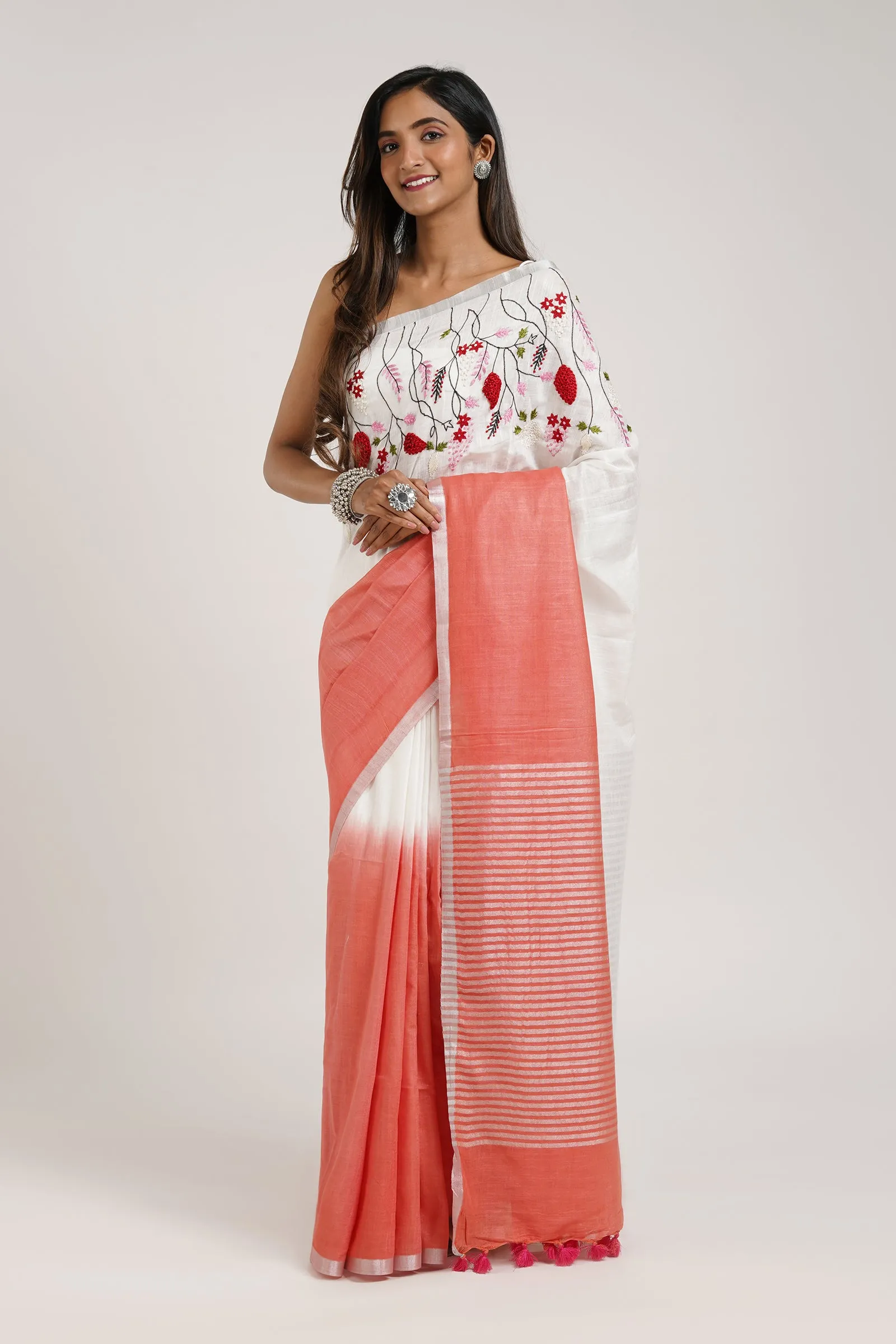 Teejh Floral Wave Red and White Linen Saree with Blouse Piece