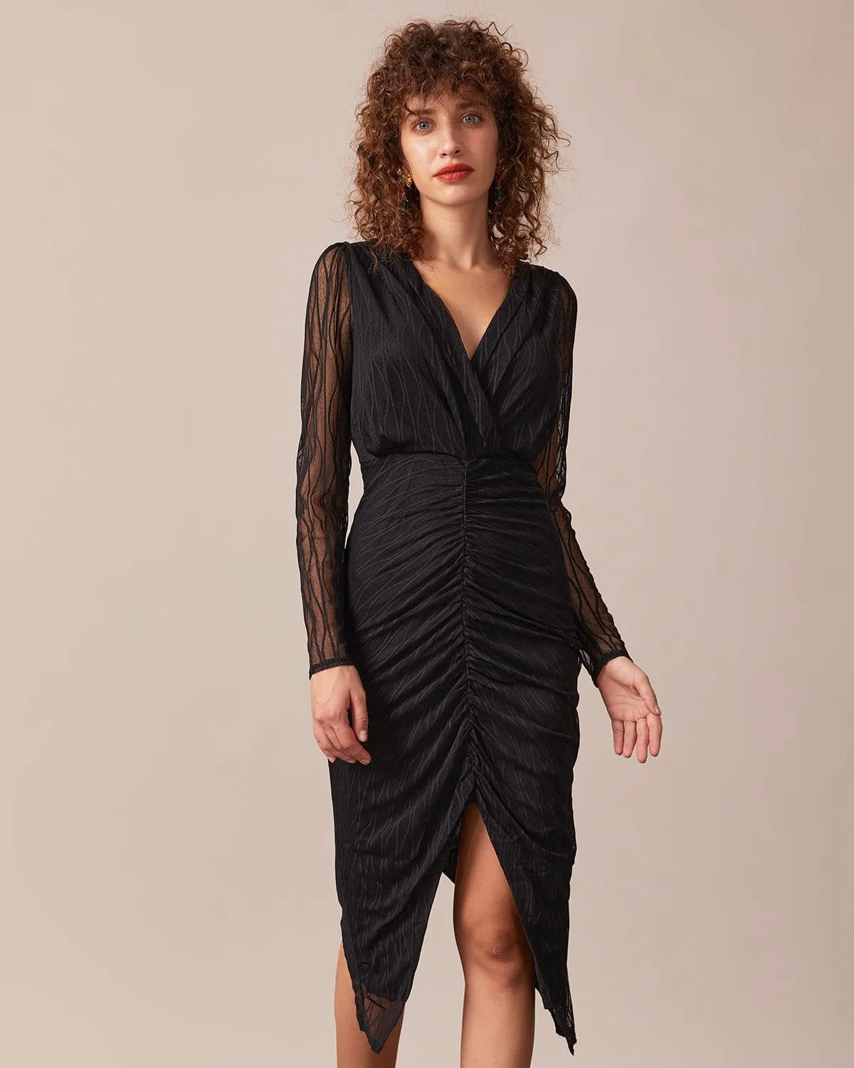 The Black V Neck Sheer Sleeve Lace Midi Dress