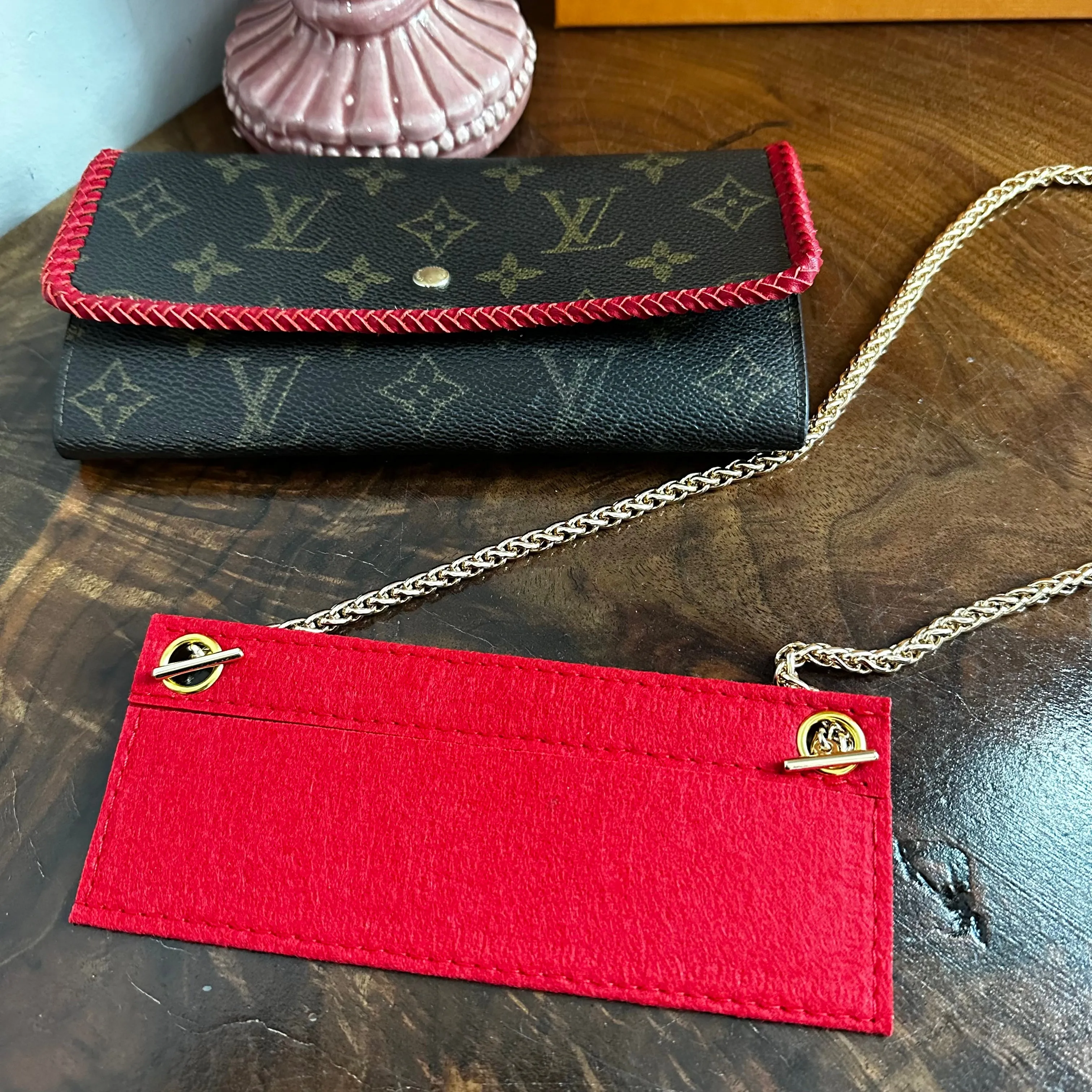 The Junco Wallet with Chain - Vintage Monogram in Red