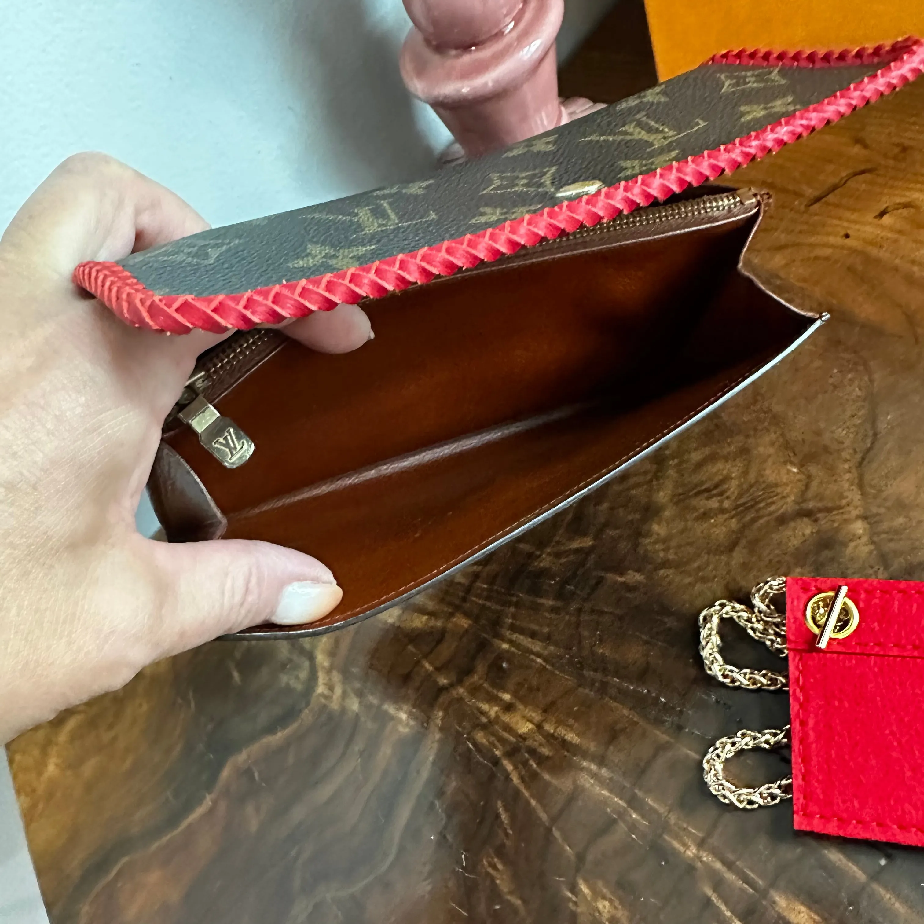 The Junco Wallet with Chain - Vintage Monogram in Red