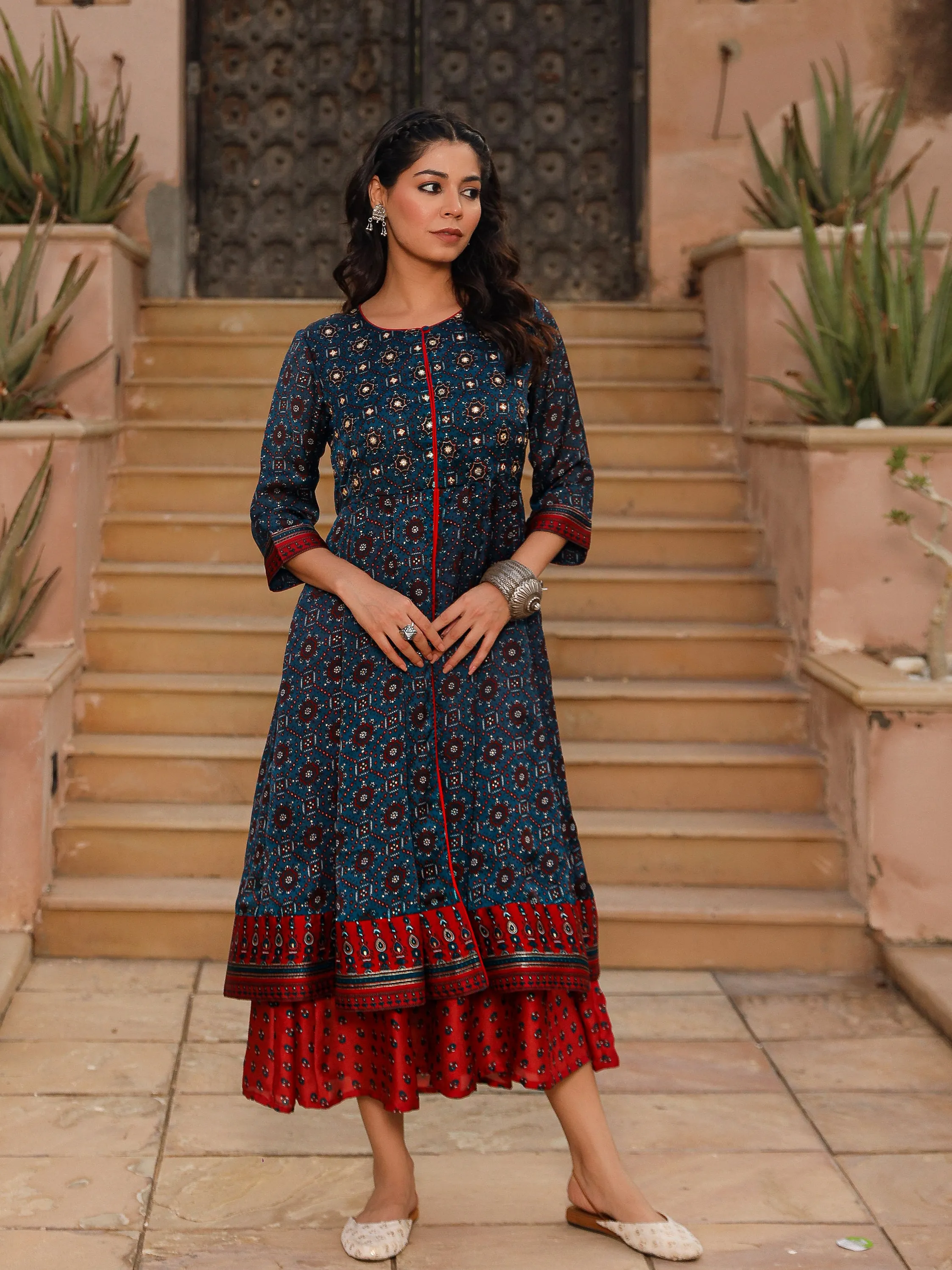 The Patang Blue Ethnic Motif Printed Cotton Dress With Mirror Work