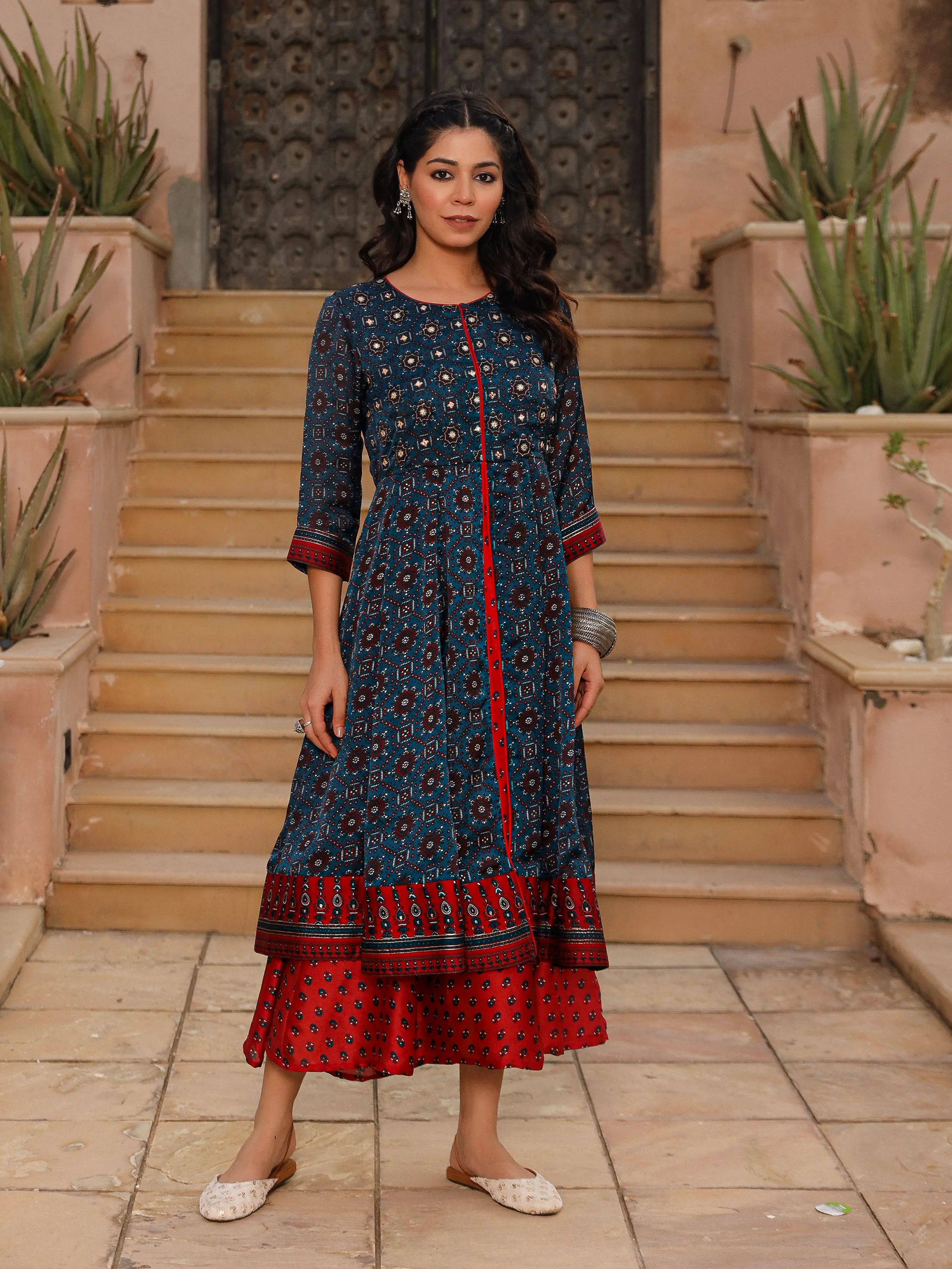 The Patang Blue Ethnic Motif Printed Cotton Dress With Mirror Work