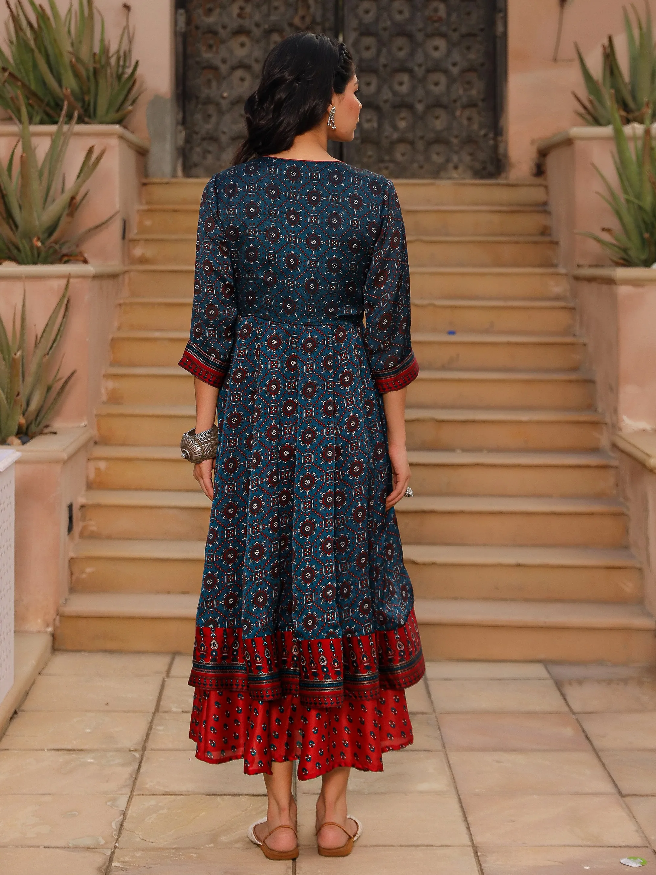 The Patang Blue Ethnic Motif Printed Cotton Dress With Mirror Work