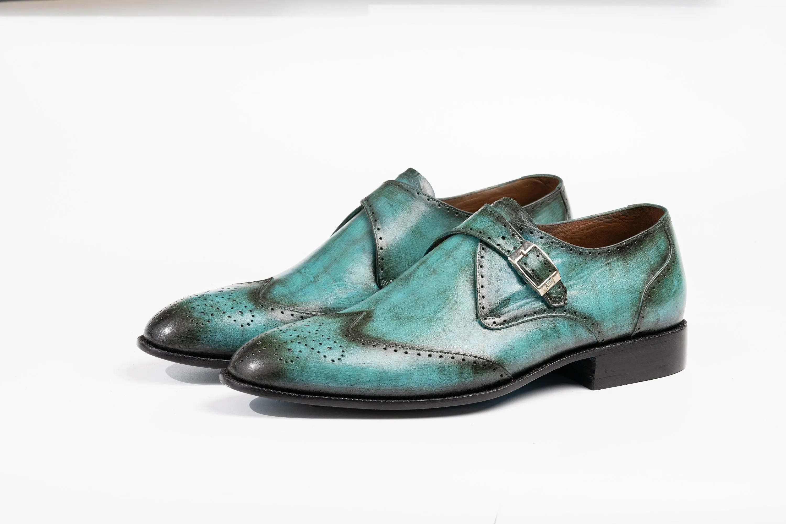 Turquoise Colored Single buckle Wingtip Monk Strap Patina Shoes Made using Crust Leather with Hand Dye Finish