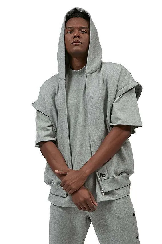 Unisex Grey Patched Hoodie with Removable Sleeves