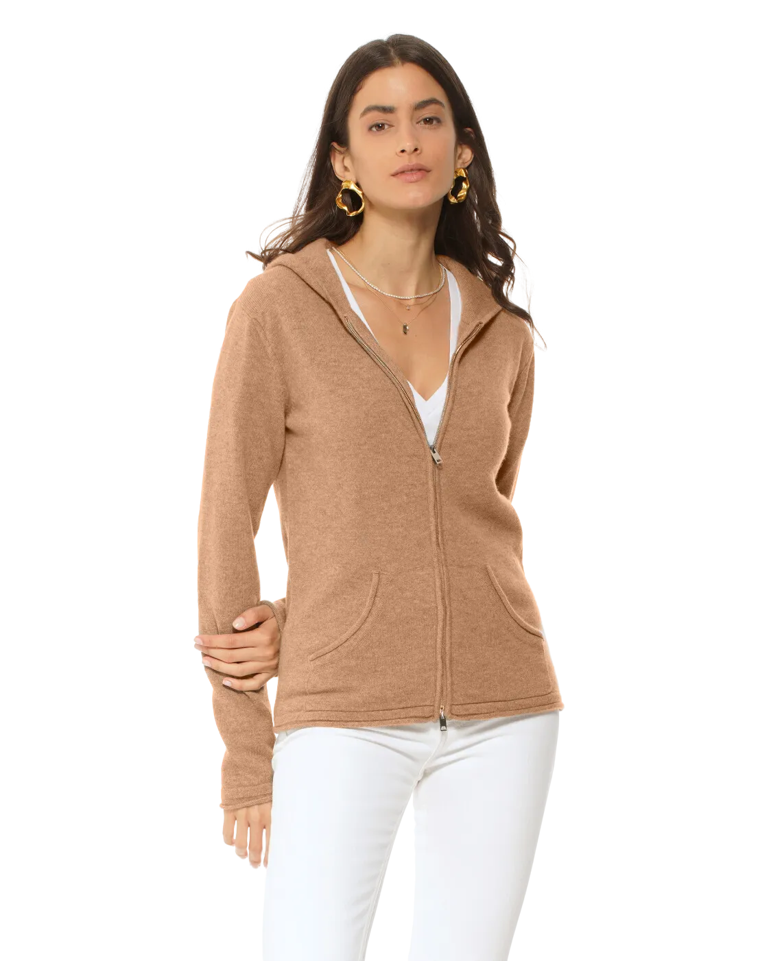 Women's Pure Cashmere Hoodie Sweater Camel